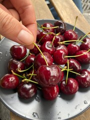 top view hand holding cherry