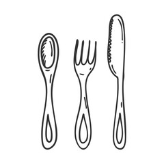 Set of Cutlery in Doodle style. A spoon, fork, and knife are hand-drawn and isolated on a white background. Black and white vector illustration.