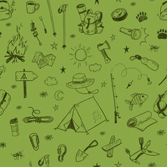Hand drawn doodle camping vector elements seamless pattern with bonfire, adventure, hiking and touristic equipment