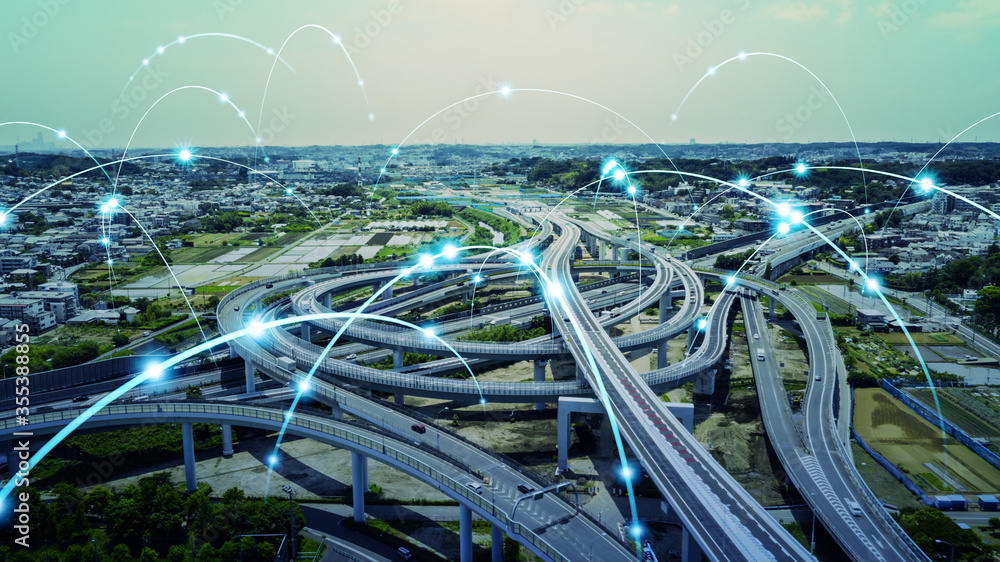 Aufkleber 交通とネットワーク　高速道路のジャンクションの空撮と通信イメージ　its　maas