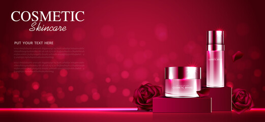 Hydrating facial rose cream for annual sale or festival sale. red cream mask bottle isolated on glitter particles background for product presentation. Graceful cosmetic ads, Vector illustration