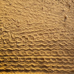 Tyre pattern on sand at sunset