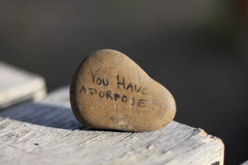 Brown pebble stone on a wooden table with the writing "You have a purpose" on it. Dark background.