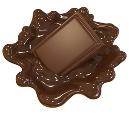 Chocolate pieces falling on chocolate sauce splash 3d illustration
