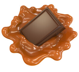 Chocolate piece and caramel sauce splash. 3d illustration.