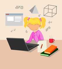 girl on laptop studying online education at home cartoon Vector illustration of surfing the Internet e-learning concept of school lesson Students learning process