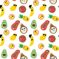 Colorful pattern with funny tropical fruits. Banana, passion fruit pineapple, watermelon, papaya, mango, coconut.