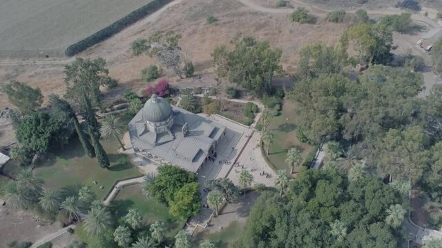 Church of the Beatitudes Sea of Galilee near Tabgha and Capernaum Israel The Holy Land. Aerial drone footage.