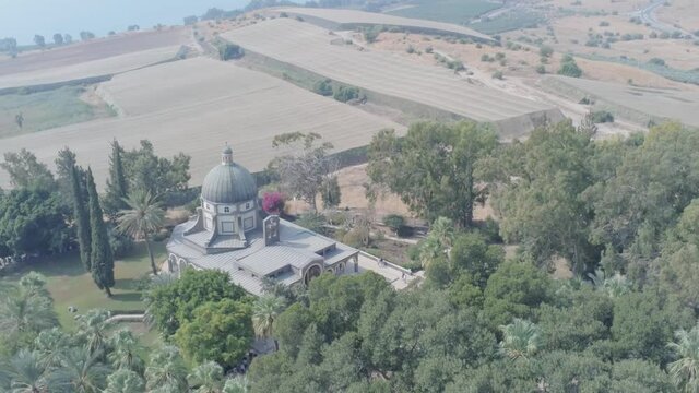Aerial drone of North of Israel above galilee sea at Church of the Beatitudes Sea of Galilee near Tabgha and Capernaum Israel The Holy Land. A biblical of jewish and christianity ancient history. 