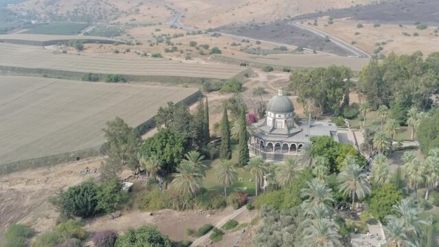 Church of the Beatitudes Sea of Galilee near Tabgha and Capernaum Israel. Kfar Nahum with christianity ancient history. Aerial drone of North of Israel above galilee sea and Golan heights  