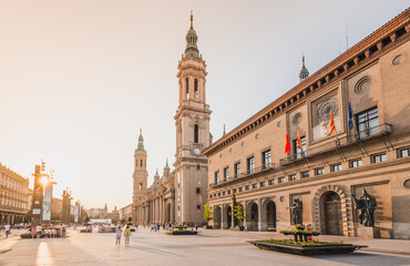 Fototapeta na wymiar Panoramic view of Plaza del Pilar in the capital city of Aragon, Zaragoza, Spain.
