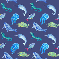 Seamless pattern with watercolor animals. Background ideal for textile, wallpaper and scrapbooking.