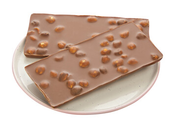 Delicious milk chocolate with hazelnuts on White background