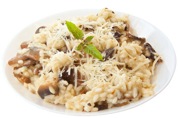 Tasty appetizing risotto on  white plate on  White background