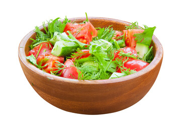 Tasty appetizing fresh vegetable salad in  plate on White background
