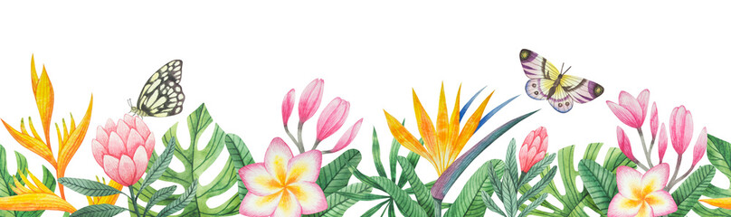 Obraz na płótnie Canvas Seamless border from tropical flowers and leaves. Watercolor floral pattern, seamless rim, frame for cards. Fast isolation. Perfectly for wedding, party invitation, commercial design or fabric.