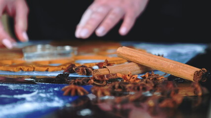 Close-up shot of cinnamon sticks and anise stars with background of gingerbread cookies making....
