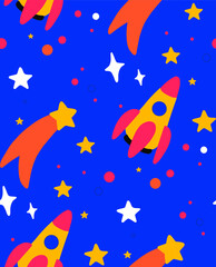 Cute cosmic pattern with hand drawn elements of stars, comets and rockets for covers, wall paper, wrapping paper, fabric