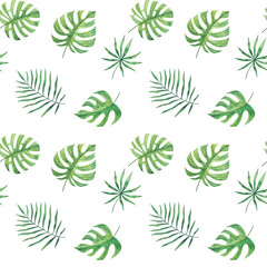 Seamless pattern with tropical leaves. Hand Drawn Watercolor.