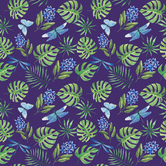 Seamless pattern with tropical flowers. Hand Drawn Watercolor