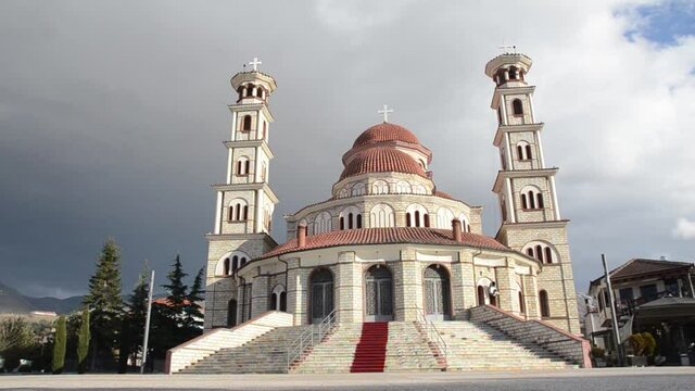 Resurrection Cathedral, the main main Albanian Orthodox church in Kor&ccedil;&euml;. Cathedral was built by Greece. Religions in Albania. Katedralja Ngjallja e Krishtit