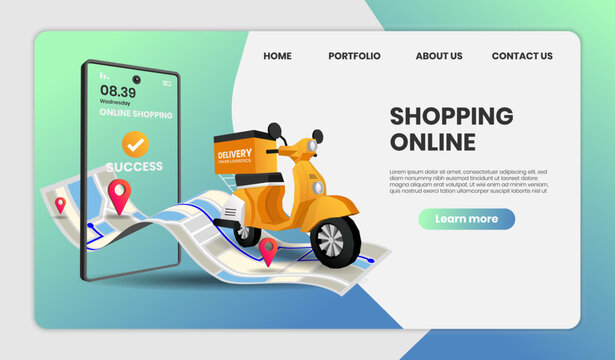 Online Shopping templates service for food and package online shopping delivery service with motorcycle. 3d vector illustration.