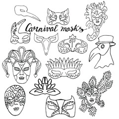 Set of hand-drawn doodle face masks. Cat masks, a Plague Doctor, of harlequin. Festival Mardi Gras, masquerade. Isolated on white background. For coloring book for adult or element for design. 