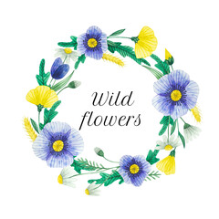 wreath of watercolor wildflowers. Great for decorating postcards