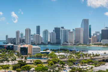 Downtown of Miami Skyline with amazing architecture viewed from Dodge Island with Cruise terminal at Biscayne Bay in Miami, Florida, USA