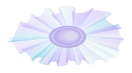 Purple, teal, blue frill with oval button. Veil, muslin ruched bow. Pastel colored stylization of an old-fashioned item. Vector line art pattern. Design element isolated on white background EPS10