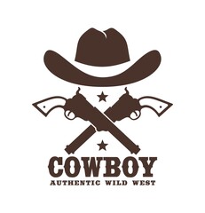 Cowboy icon with hat and crossed guns. Western tattoo. Wild west stencil emblem. Vector illustration.