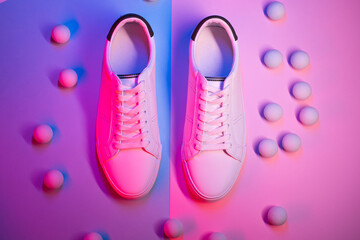 Pair of sneakers on color background, top view