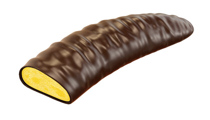 Chocolate coated banana. Isolated on white background. Clipping path. 3d illustration.