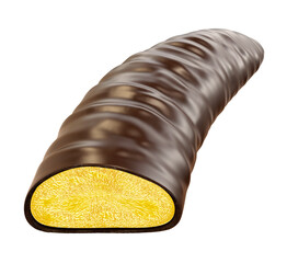 Chocolate coated banana. Isolated on white background. Clipping path. 3d illustration.
