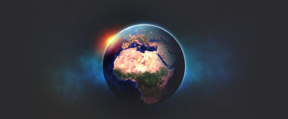Naklejka na ściany i meble Planet Earth 3D illustration. View from orbit to African continent and Europe. Night and bright city lights. Elements of this image are furnished by NASA