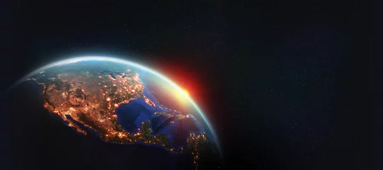 Fotobehang baan om de aarde. Noord-Amerika en nachtverlichting van steden. Planeet in ruimte 3d illustratie. Elementen van deze afbeelding zijn geleverd door NASA © Siarhei