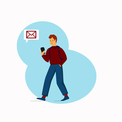 Vector illustration depicts receiving messages, letters, mail, letters by phone. The guy rejoices at the letter received.