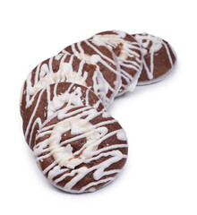 Group of chocolate cookies drizzled with white icing