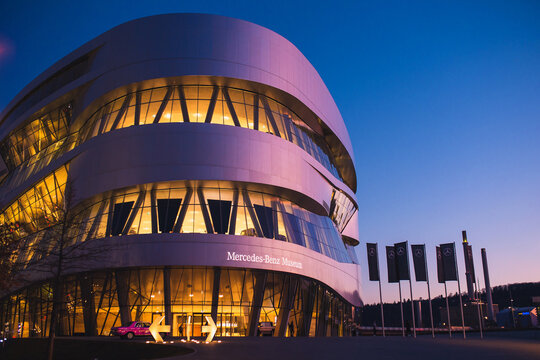 Stuttgart, Germany - February 06, 2020: Night view of the Mercedes Museum