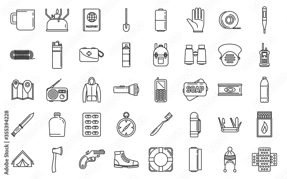 Aufkleber survival activity icons set. outline set of survival activity vector icons for web design isolated o