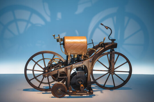 Stuttgart, Germany - February 06, 2020: The first motorcycle created by Daimler - a valuable exhibit at the Mercedes Museum