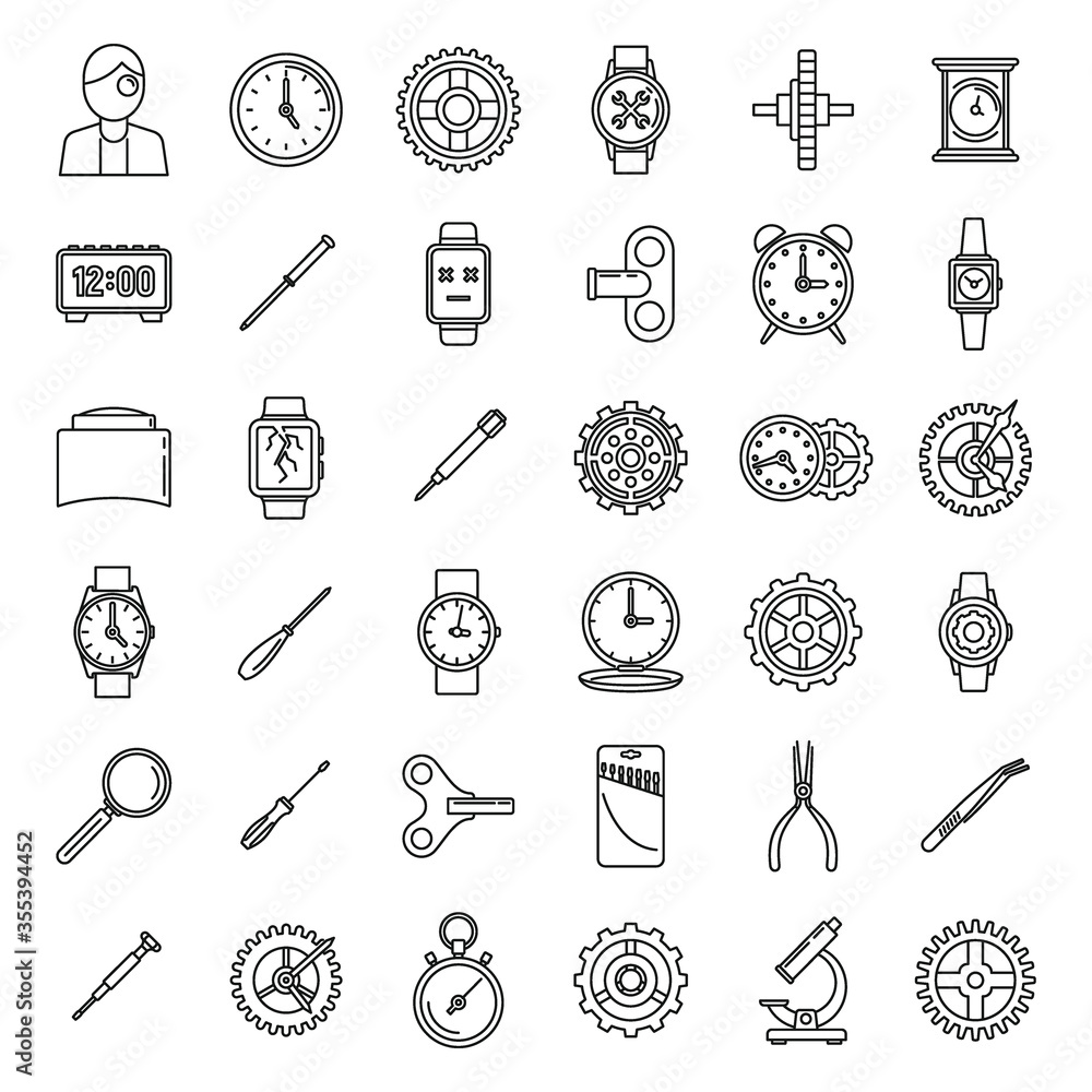 Sticker Mechanic watch repair icons set. Outline set of mechanic watch repair vector icons for web design isolated on white background