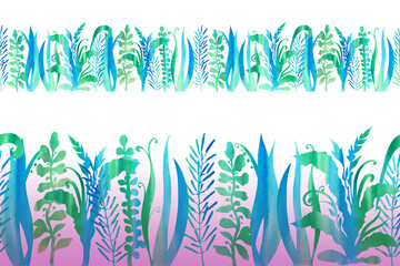 Seamless ribbon colorful border with fantasy herbs. Watercolor illustration. Natural background.
