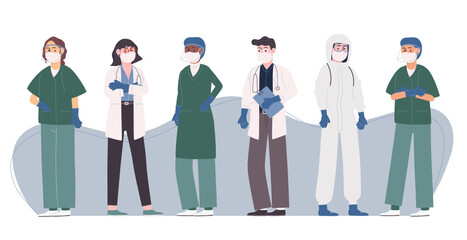Flat style vector illustration collection of professional doctor and nurse team. Medical staff in uniform and hazmet suit standing. Heroes fighting the corona covid-19 virus.