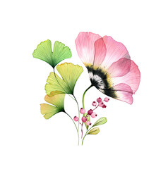 Watercolor tulip bouquet. Big pink flower with ginkgo leaves and berries isolated on white. Hand painted artwork with x-ray flower. Botanical illustration for cards, wedding design