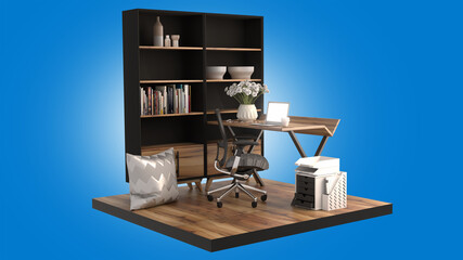 3D rendering of working space with shelf on blue background