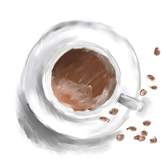 art digital acrylic painted coffee white cup with brown beans isolated on white background