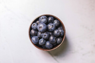 Blueberry antioxidant superfood in a bowl on gray table background. Healthy eating and nutrition concept.