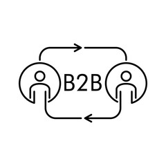 Icono plano lineal texto B2B con hombres y flechas girando en color negro