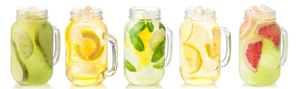 Iced beverages or lemonade in mason jars isolated